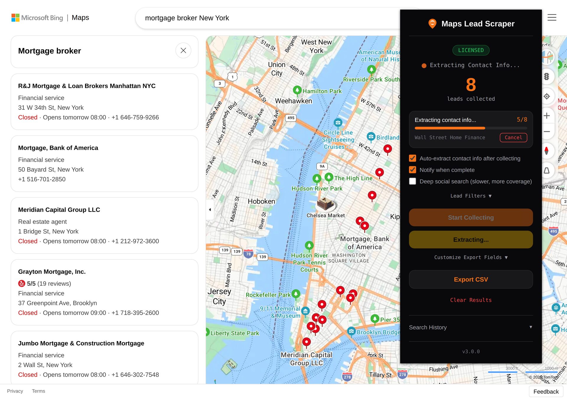 Maps Lead Scraper Chrome extension running on Bing Maps — extracting business leads from accountant listings