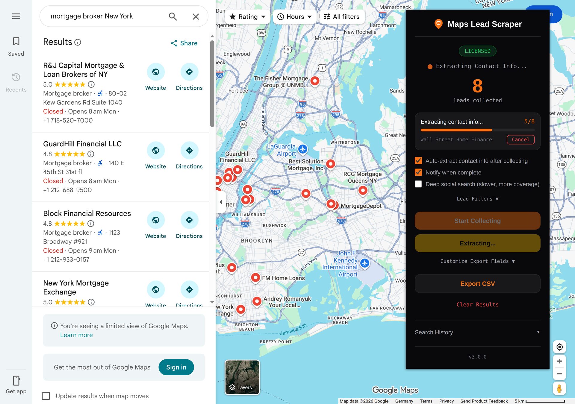 Maps Lead Scraper Chrome extension running on Google Maps — extracting business leads and contact data