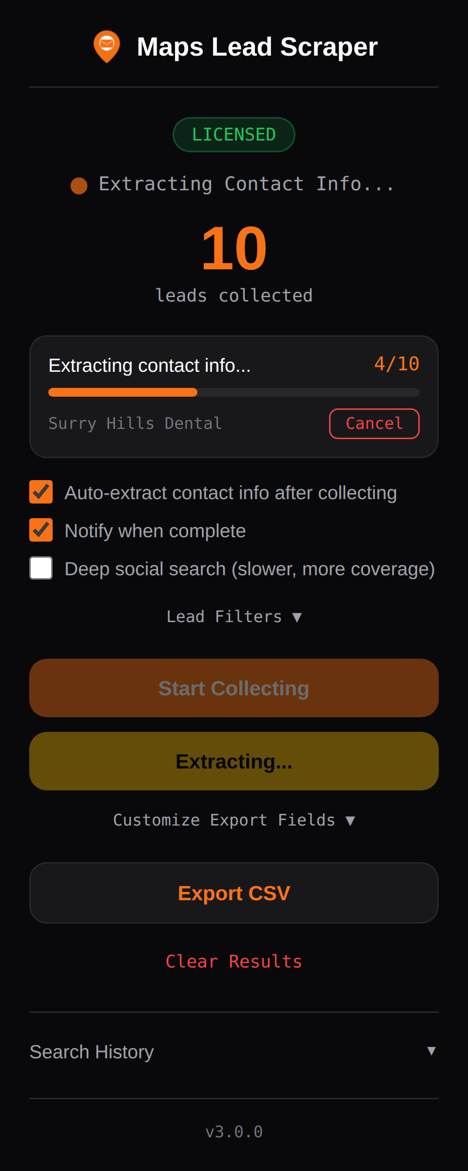 Maps Lead Scraper — 10 leads collected, extracting contact info